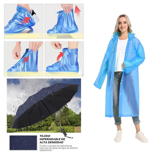 Kit antilluvia (paraguas, impermeable y cubrebotas)