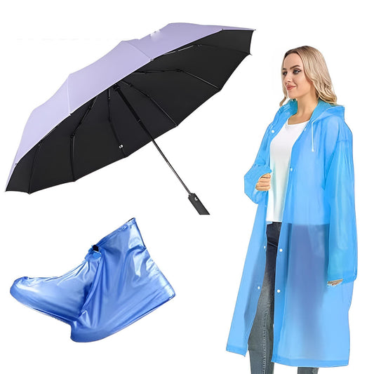 Kit antilluvia (paraguas, impermeable y cubrebotas)