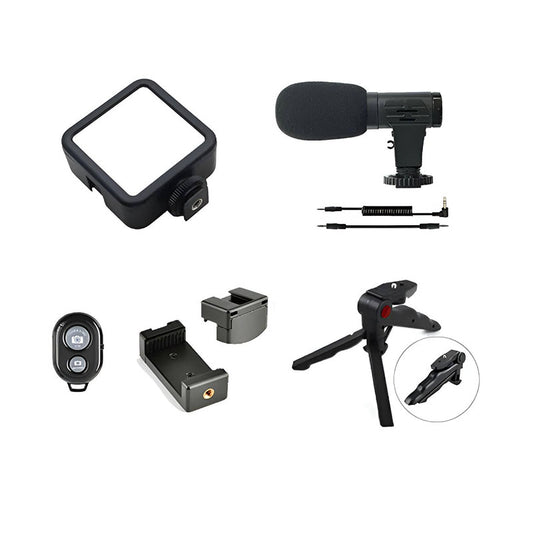 Soporte para celular 3 en 1, tripie, luz y micrófono